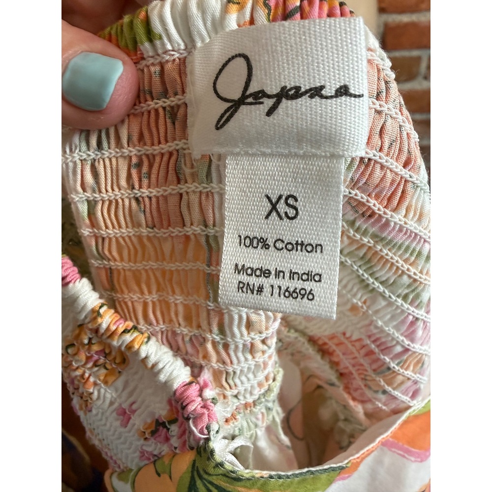 Japna Tropical Cotton Maxi Dress XS Orange Pink Palm Tree Shell Print Smocked - Picture 6 of 7